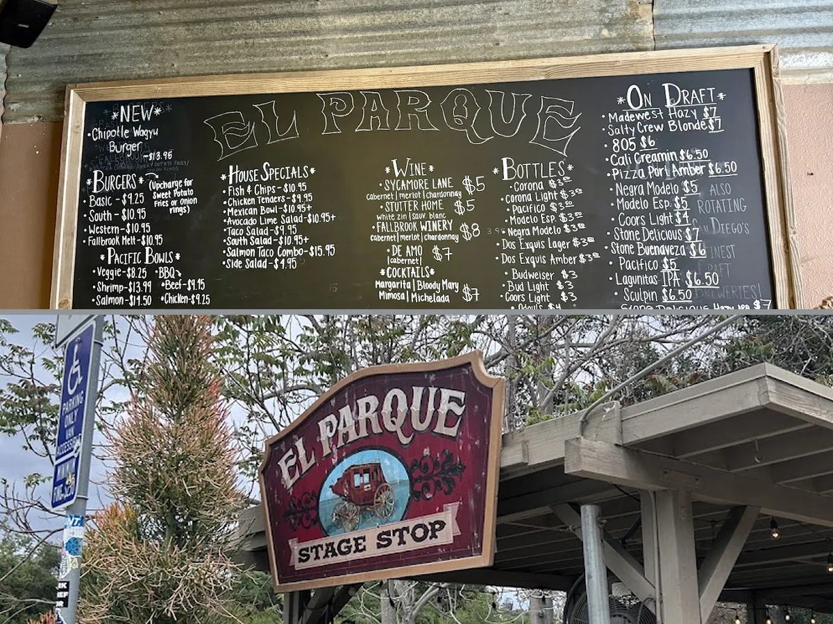 Outdoor patio tables beside a restaurant entrance.